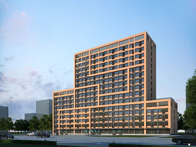 Modern Urban Office Building With Orange Brown Exterior Multiple Windows Trees And Roads 3d model