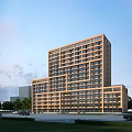 Modern Urban Office Building With Orange Brown Exterior Multiple Windows Trees And Roads