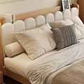 Modern Wooden Double Bed With Rounded Headboard Pillows And Blanket On Patterned Rug