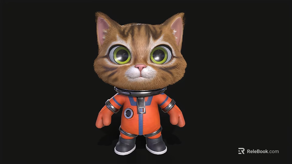 Cute Cartoon Cat Wearing Orange Astronaut Suit With Big Green Eyes and Black Background 3d model 