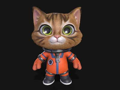 Cute Cartoon Cat Wearing Orange Astronaut Suit With Big Green Eyes and Black Background 3d model