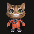 Cute Cartoon Cat Wearing Orange Astronaut Suit With Big Green Eyes and Black Background