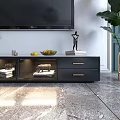 Modern Dark TV Stand with Marble Top Wall Mounted TV Green Plant and Decorative Figurine