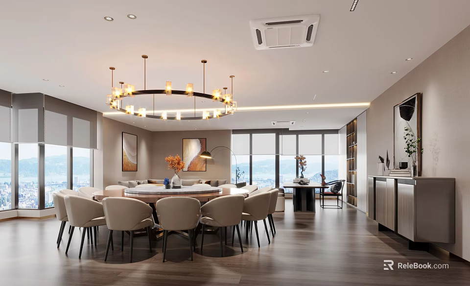 Modern Private Dining Room Interior With Round Table Chandelier And Large Windows 3d model