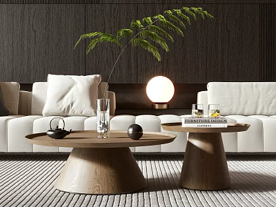 Modern Living Room Interior With Wooden Tea Tables Teapot Glass White Sofa And Green Plant 3d model