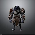 Wolfman Warrior Character in Decorative Armor with Red White Accents Spiked Shoulders and Leather Belt
