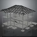 Open Unfinished Building Structure With Roof Trusses Supporting Columns Multi-level Platforms And Foundation 3d model