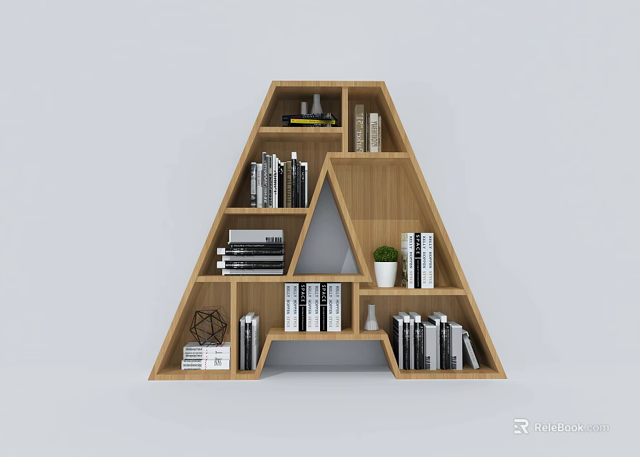 Creative Wooden A Shaped Bookshelf with Books Decorative Items and Small Plant 3d model 