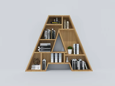 Creative Wooden A Shaped Bookshelf with Books Decorative Items and Small Plant 3d model