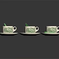 Decorative Ceramic Cups With Saucers Green Floral Patterns For Hot Beverages And Stirring Sticks