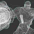 Muscular Game And Movie Character With Mechanical Arm Purple Glowing Details And Green Outfit