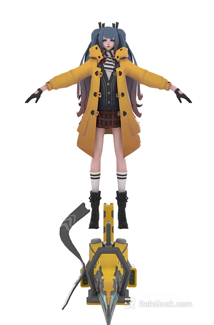 Game Movie Character In Yellow Coat With Purple Long Hair Plaid Skirt And Mechanical Base 3d model 