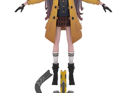 Game Movie Character In Yellow Coat With Purple Long Hair Plaid Skirt And Mechanical Base 3d model