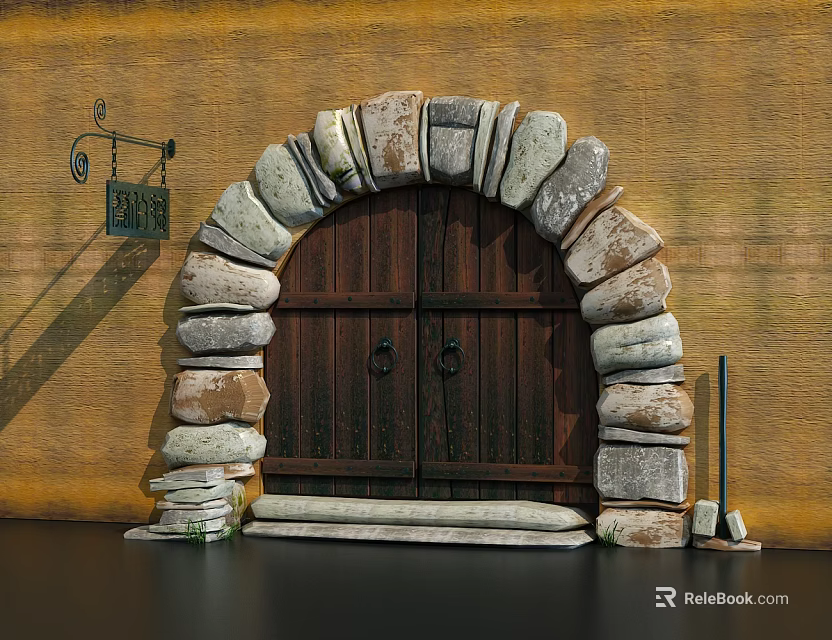 Arched Wooden Double Door With Irregular Stone Frame Stone Steps Yellow Wall And Metal Sign 3d model 