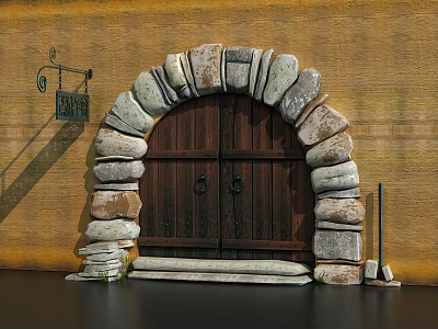 Arched Wooden Double Door With Irregular Stone Frame Stone Steps Yellow Wall And Metal Sign 3d model