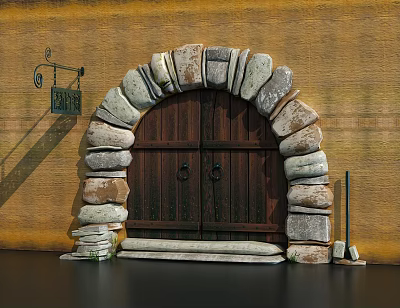 Arched Wooden Double Door With Irregular Stone Frame Stone Steps Yellow Wall And Metal Sign 3d model