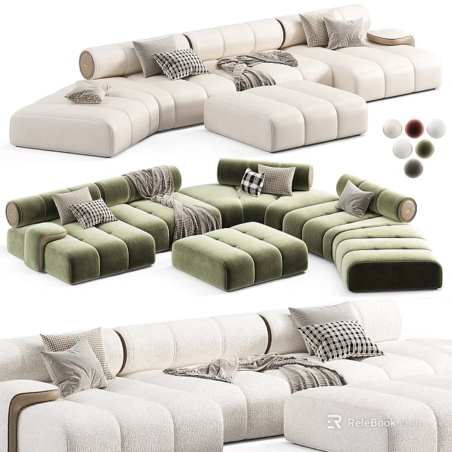 Modern Sectional Sofa With Multiple Colors Pillows Throws And Soft Fabric 3d model 