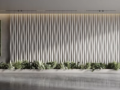 Modern Bed Background Wall With Wavy Texture And Green Plants Decoration 3d model