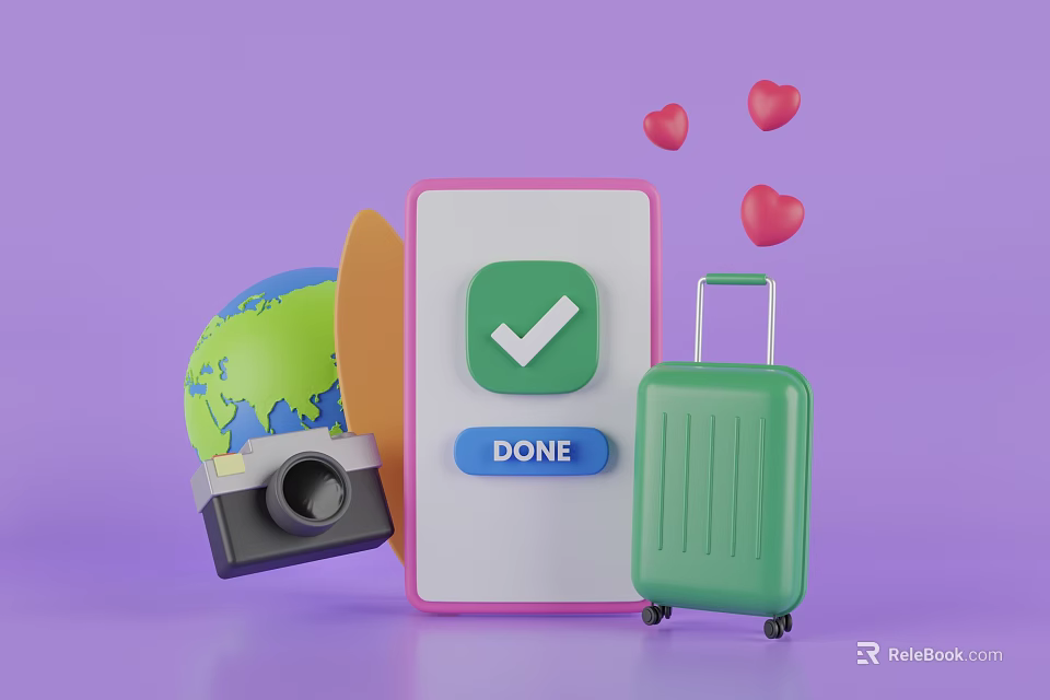 Decorative Ornament Set Featuring Mobile Phone Globe Camera Green Suitcase and Hearts 3d model 