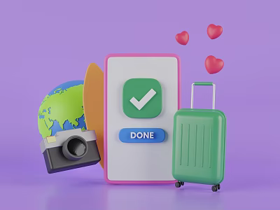 Decorative Ornament Set Featuring Mobile Phone Globe Camera Green Suitcase and Hearts 3d model