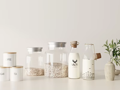 Glass Kitchen Storage Jars And Containers With Oats Milk Bottle And Plant 3d model