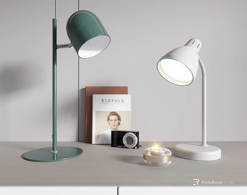 Modern Green And White Desk Lamps With Book Camera And Candle On Table 3d model 