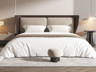 Modern Bedroom Interior Design With White Bed Linens Brown Headboard Soft Rug And Stool 3d model