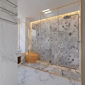 Elegant Modern Bathroom Interior With Marble Round Mirror Bathtub Vanity And Lighting