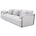 Modern White Three Seater Sofa With Black Frame Fabric Upholstery And Multiple Cushions