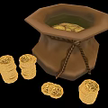 Beautiful Gold Coin Jewelry Display With Stacked Coins And Decorative Leather Pouch