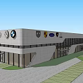 Modern Car Trading Service Center Exterior With Brand Logos And Green Trees