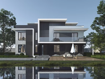 Modern Detached Villa Exterior Design With Lakefront Garden Terrace And Large Glass Windows 3d model