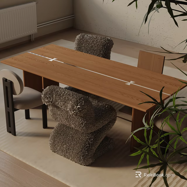 Modern Dining Table Set With Wooden Surface Plush Chairs And Green Plants 3d model 