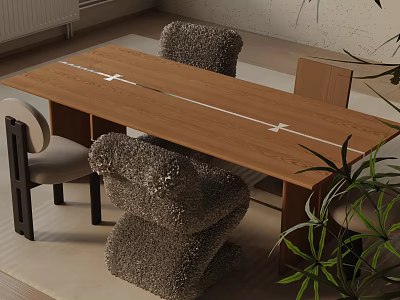 Modern Dining Table Set With Wooden Surface Plush Chairs And Green Plants 3d model