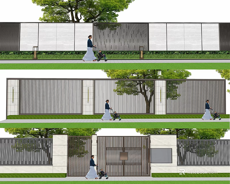 Modern Building Exterior Wall With Grille Design Green Trees Lawn And Pedestrian Path 3d model 