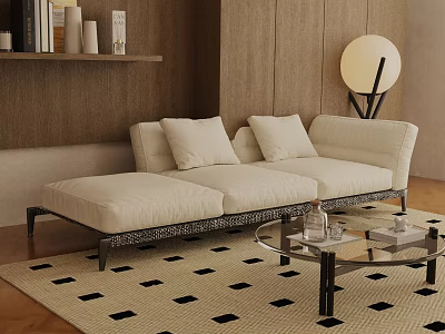 Beige Three-Seater Sofa with Soft Cushions Living Room Wooden Wall Floor Lamp and Coffee Table 3d model