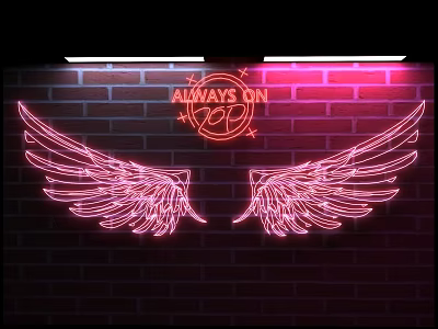 Neon Wing Decorative Lights on Red Brick Wall with ALWAYS ON Lettering and Star Design 3d model