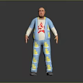 Bald Man Wearing Blue Jacket With Red Design And Blue Pants With Yellow Patterns