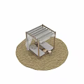 Wooden Frame Construction With White Canopy Curtains In Sand Beach Setting 3d model