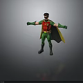 Fictional Character With Red Top Green Pants Yellow Black Cape Mask Arms Outstretched Standing