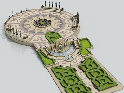 Ornate Park Landscape With Circular Flower Bed Fountain Trimmed Hedges And Decorative Columns 3d model