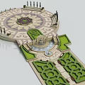 Ornate Park Landscape With Circular Flower Bed Fountain Trimmed Hedges And Decorative Columns