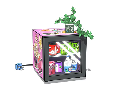Pink Mini Refrigerator With Green Plant On Top And Assorted Beverages Inside 3d model