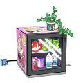 Pink Mini Refrigerator With Green Plant On Top And Assorted Beverages Inside