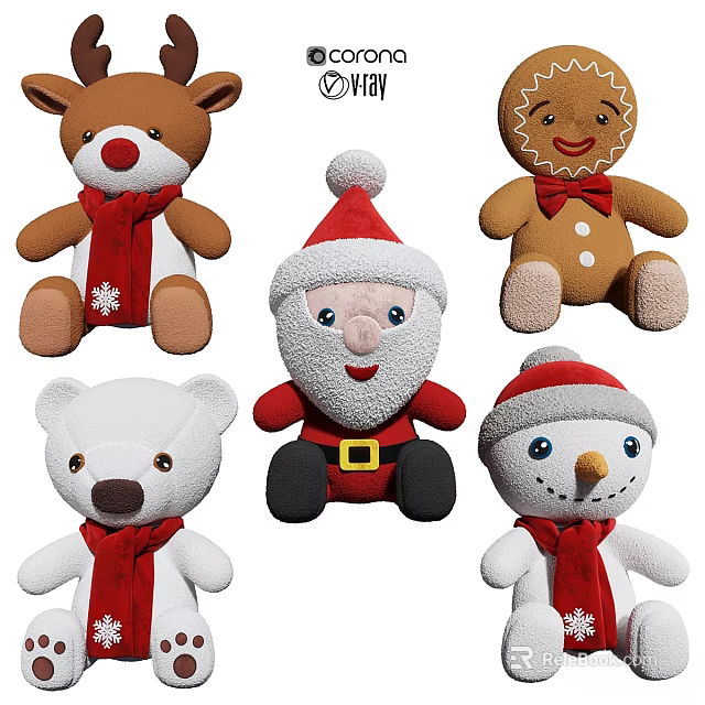 Festive Christmas Stuffed Toys Including Reindeer Gingerbread Man Santa Snowman And Bear With Scarves 3d model 