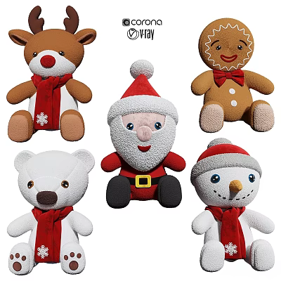 Festive Christmas Stuffed Toys Including Reindeer Gingerbread Man Santa Snowman And Bear With Scarves 3d model