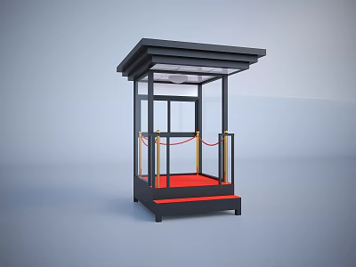Modern Black Glass Security Booth With Red Floor And Golden Railings 3d model