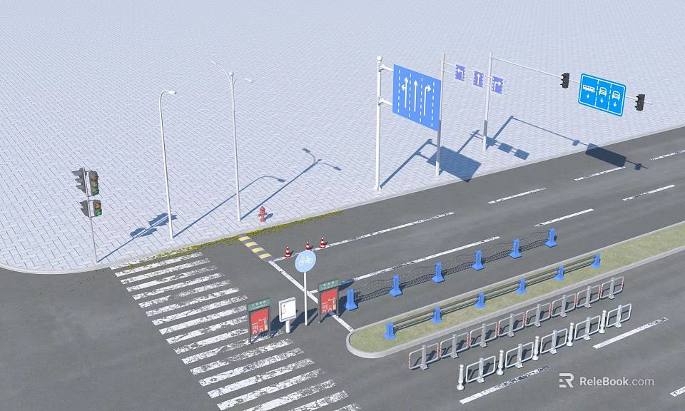 Urban Road Infrastructure With Traffic Lights Street Lamps Signs Cones Barriers And Zebra Crossings 3d model 