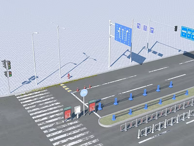 Urban Road Infrastructure With Traffic Lights Street Lamps Signs Cones Barriers And Zebra Crossings 3d model