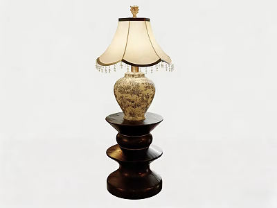 Decorative Table Lamp Featuring Patterned Ceramic Base Black Tiered Stand And Beige Tassel Lampshade 3d model